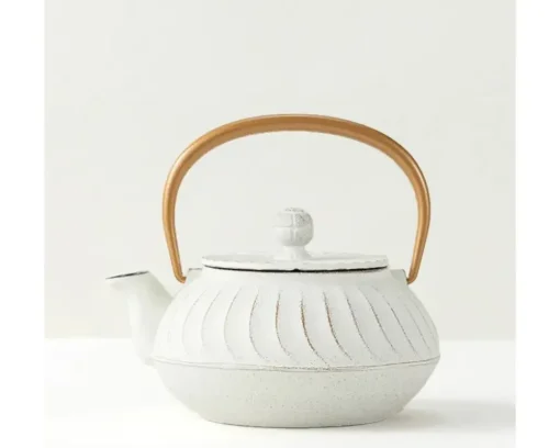 Cast Iron Teapot White Wave Gold Handle